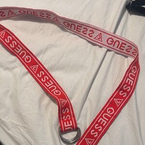 Guess Red and White Logo Webbing Strap Belt with Double Rings